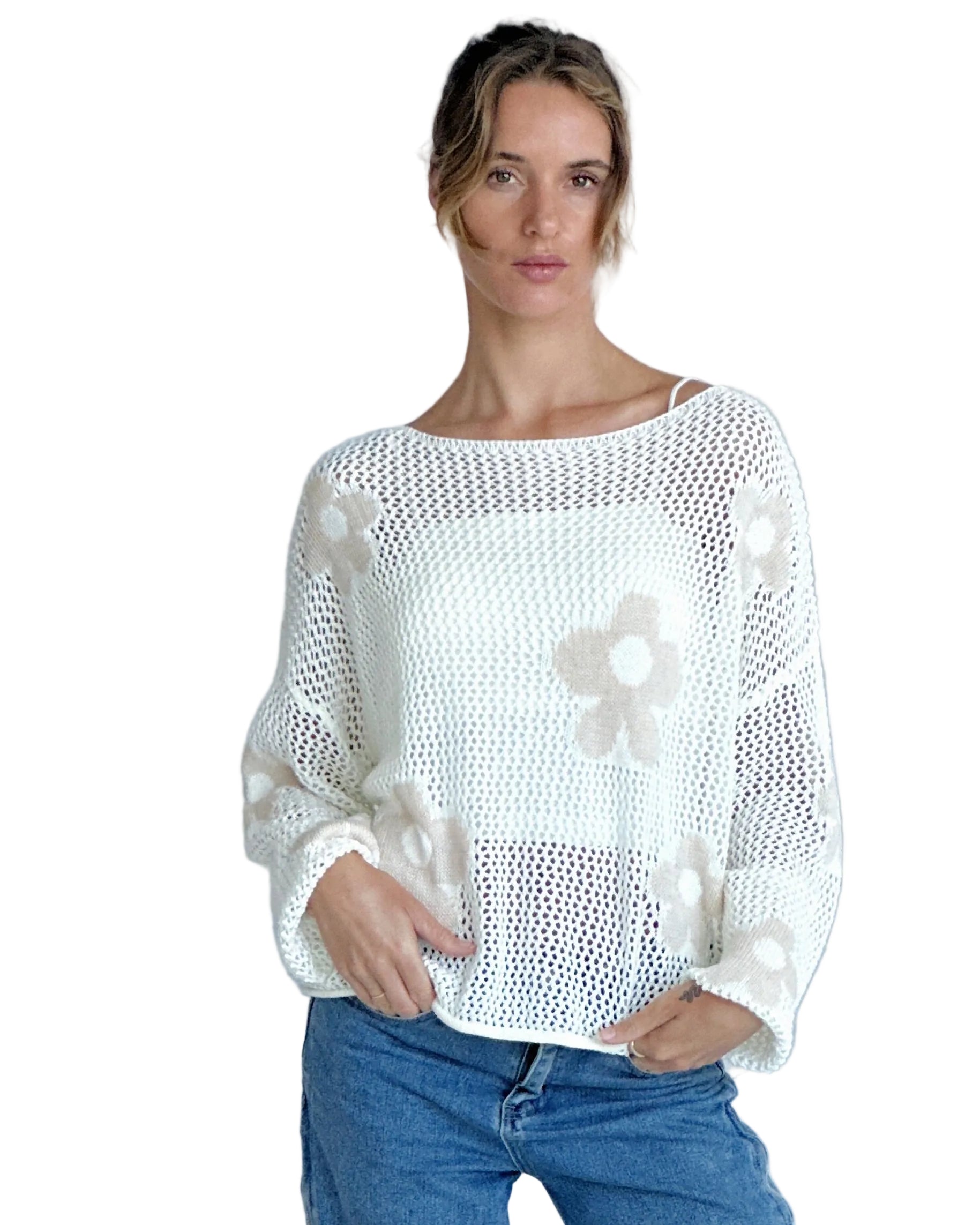 Rae Daisy Print Linen/Cotton Knit Cardi White - Global Free Style