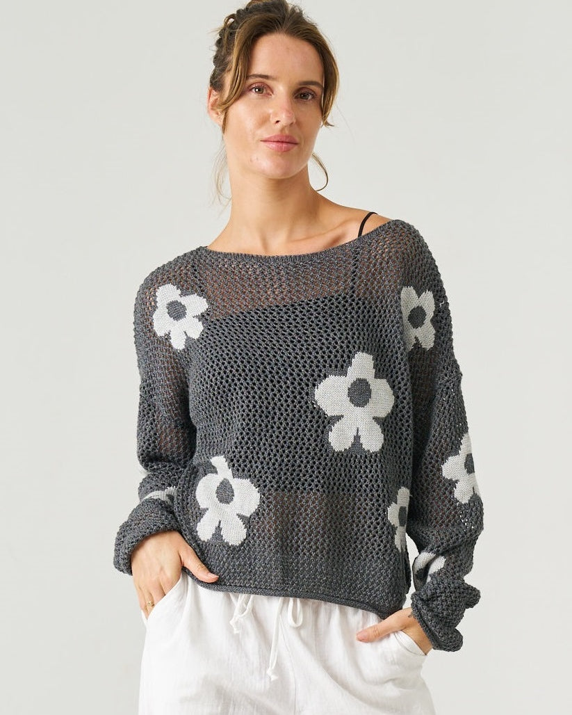 Dana Linen/Cotton Knit Cardi Charcoal - Global Free Style