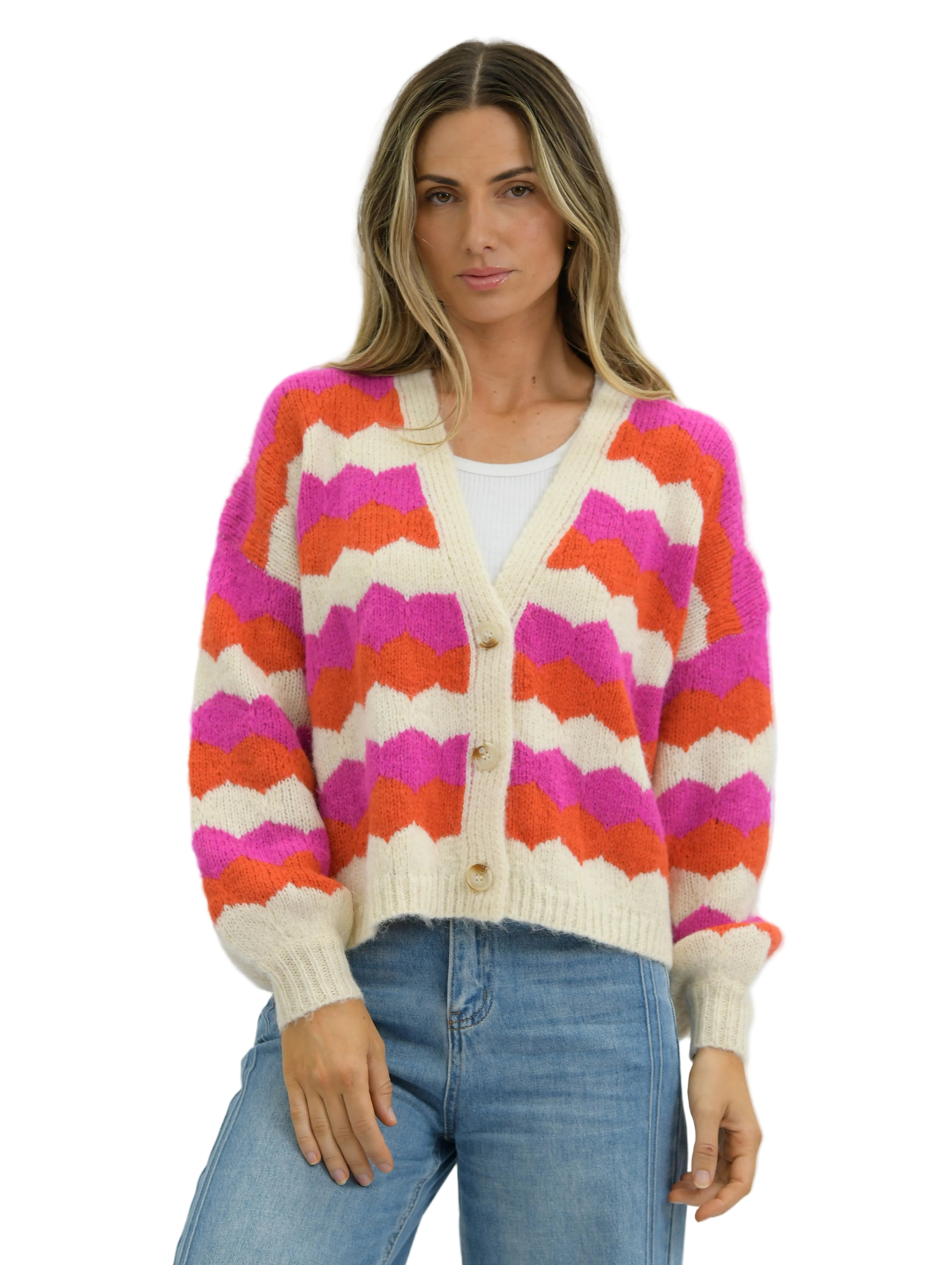 Saffi Wool Blend Knit Cardi Pink Stripes - Global Free Style