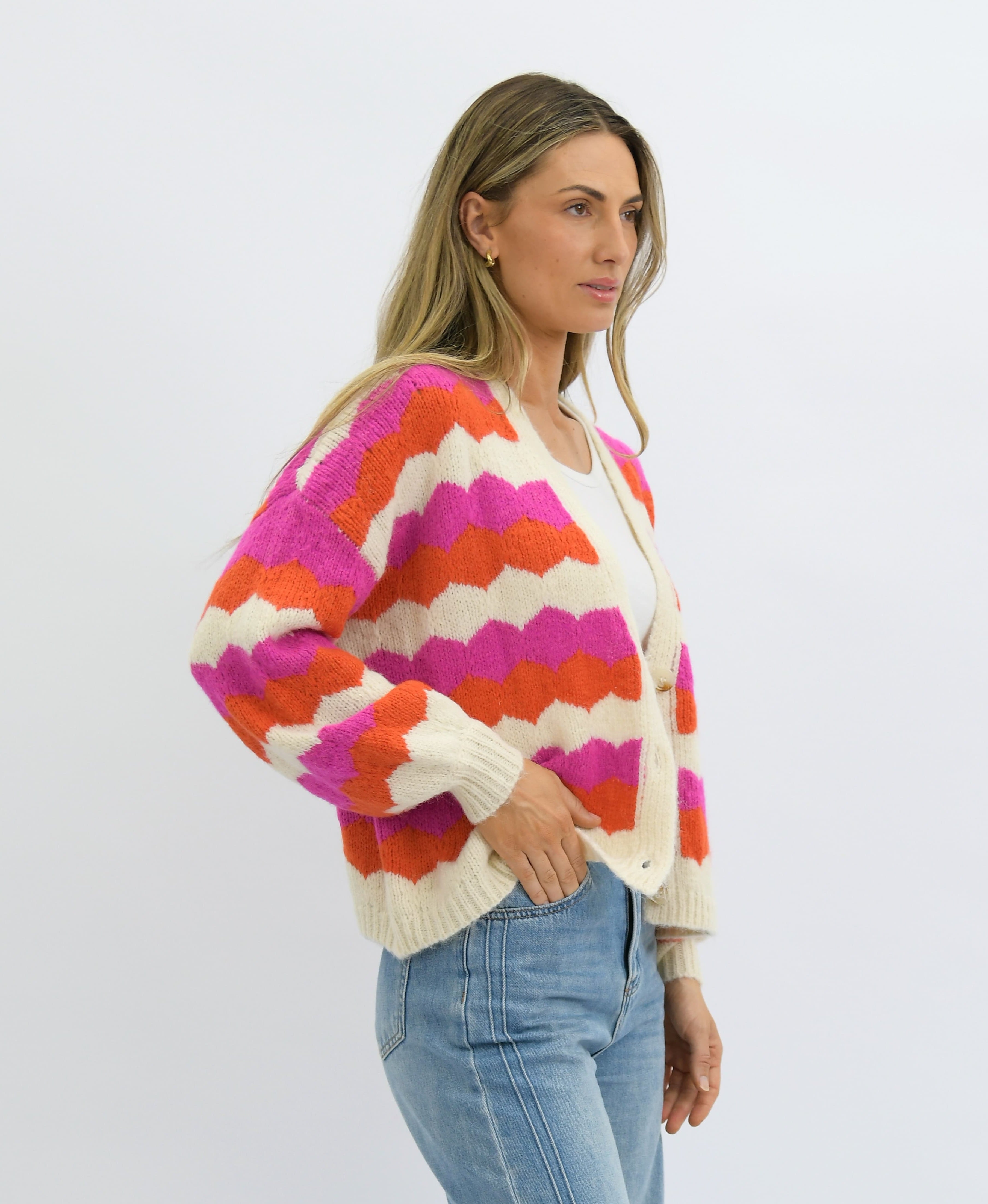 Saffi Wool Blend Knit Cardi Pink Stripes - Global Free Style