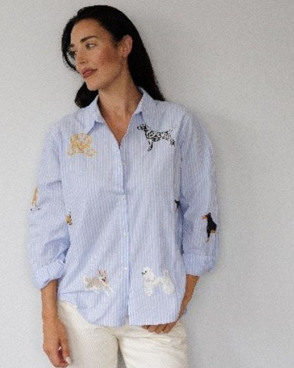 Zoda Embroidery Shirt Blue and White Dogs Tops Zoda