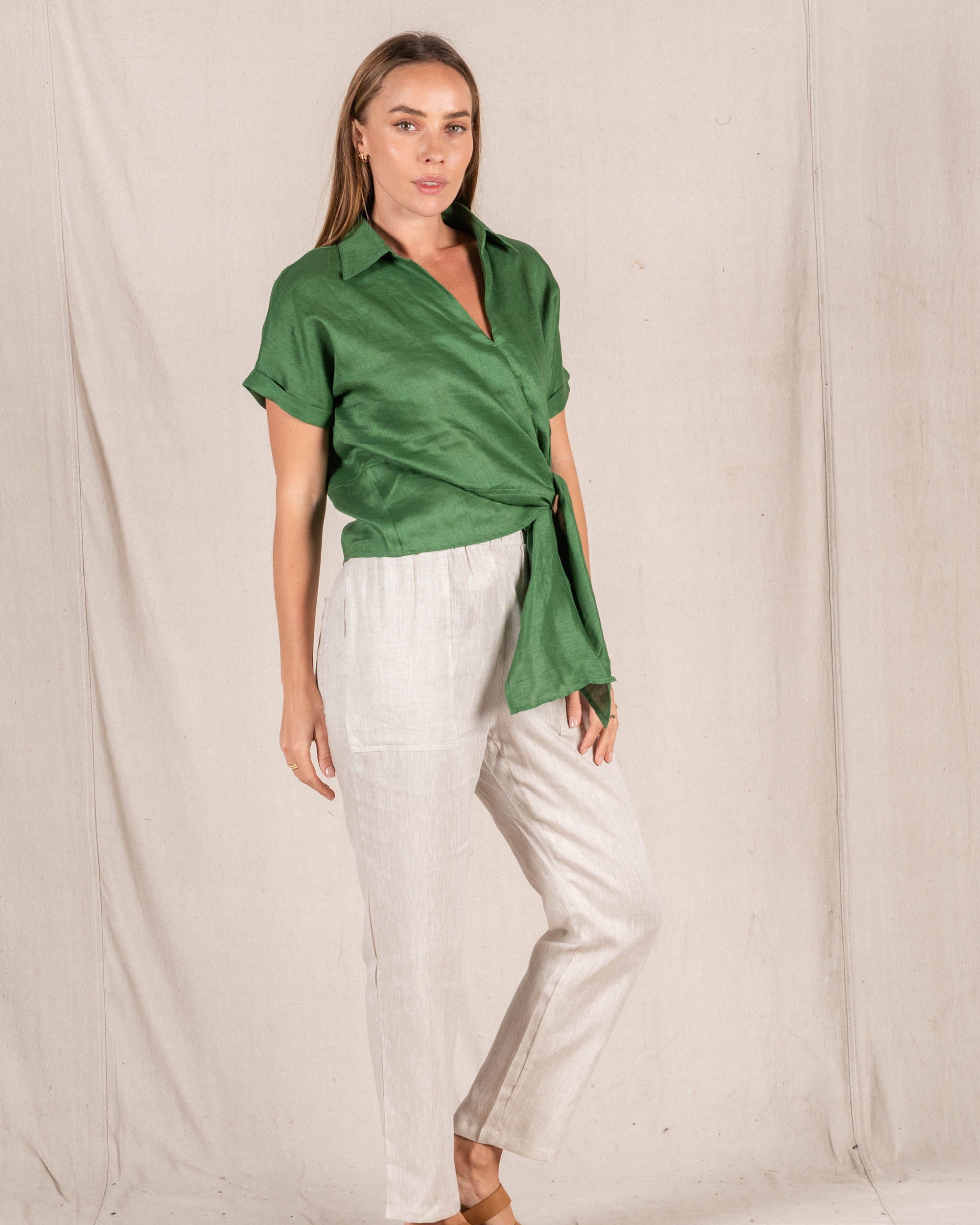 Baker Linen Shirt Emerald Green Tops Valeria Label