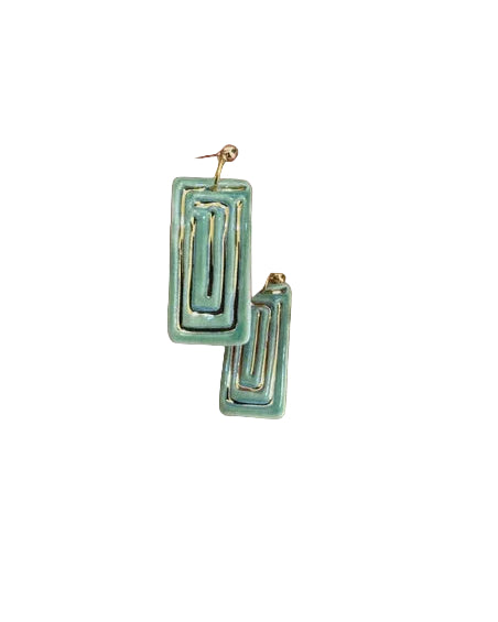 Ceramic Earrings Rectangle with Gold Blue/Green - Gold Plated Posts Earrings Wolf and Clay