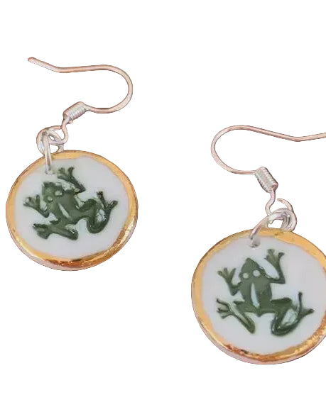 Frog with Gold Porcelain Earrings Frog Earrings Wolf and Clay