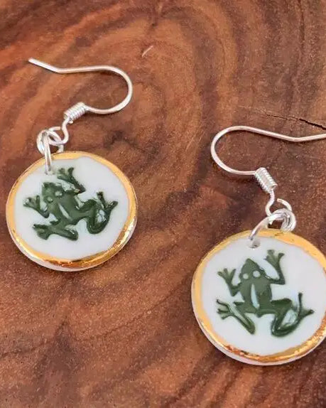 Frog with Gold Porcelain Earrings Frog Earrings Wolf and Clay