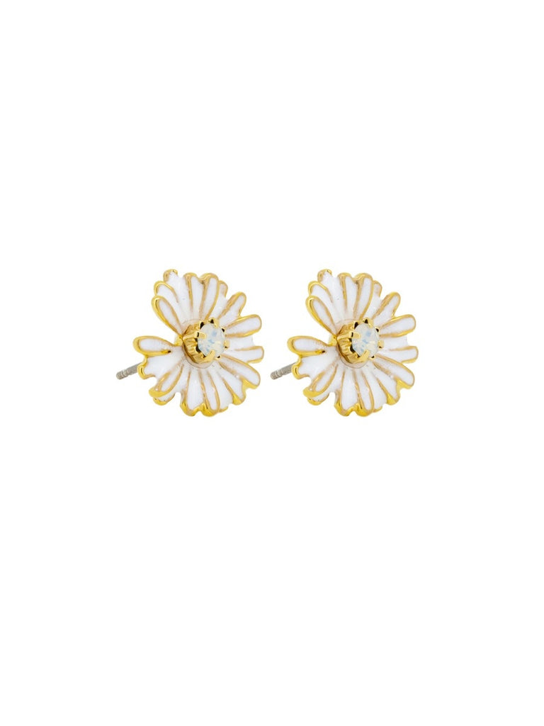 White Enamel Daisy and Crystal Earring - Global Free Style