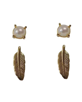 Fw Pearl & Leaf Pair Post Earrings Gold/Cream Earrings Fabienne