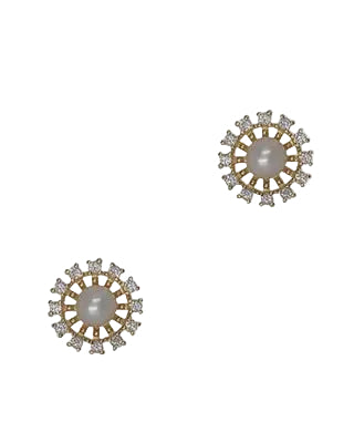 Cubic & Pearl Flower Post Earrings Gold/Cream Earrings Fabienne