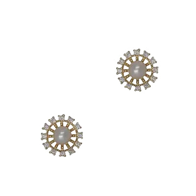 Cubic & Pearl Flower Post Earrings Gold/Cream Earrings Fabienne