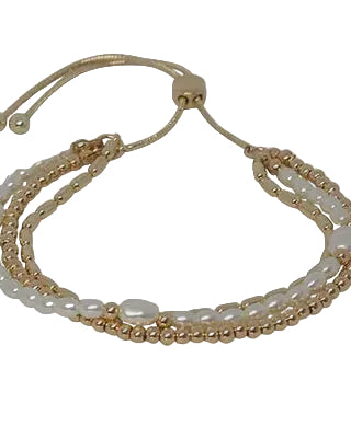 Tri Layer W/Feat Pearl Slider Braclelet Gold/Cream Bracelets and Bangles Fabienne