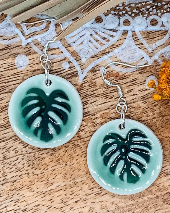 Monstera leaf imprintn Porcelain Earrings Earrings Wolf and Clay
