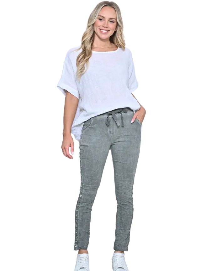Side Stud Crinkle Pant Khaki Bottoms Cali & Co S