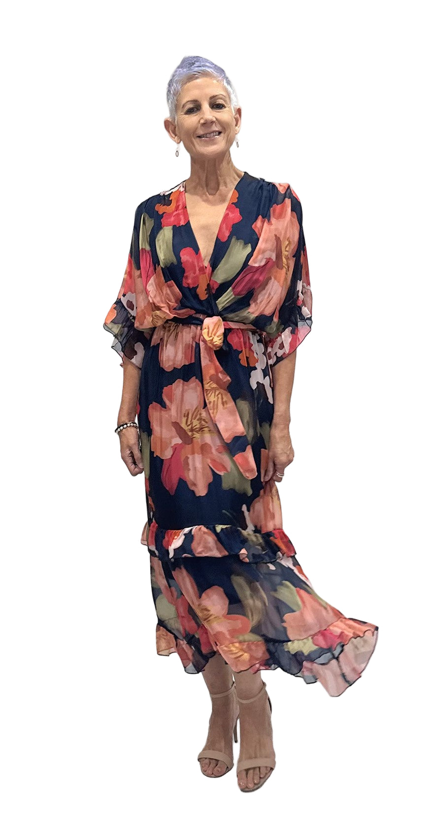 Cross Neck Two Tires Frilled Dress Multi Navy/Coral Floral Dresses La Strada S(8)