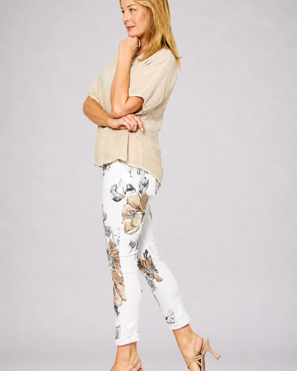 Mesh Panel Short Sleeve Top Beige Tops La Strada