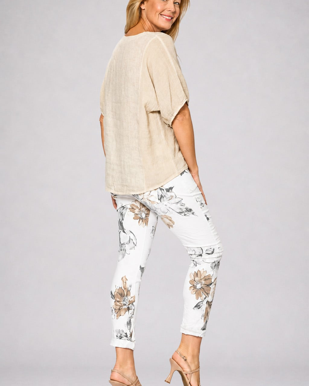 Mesh Panel Short Sleeve Top Beige Tops La Strada