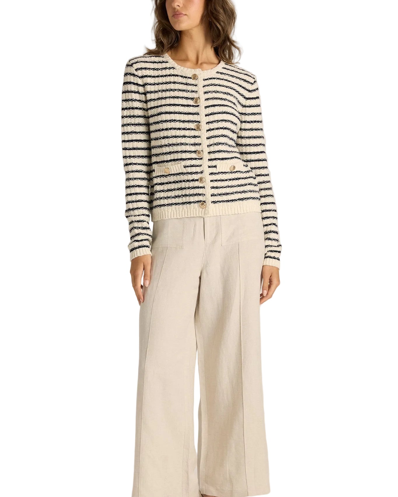 Elle Stripe Knit Cardigan Navy/Cream Tops Fate+Becker S(8)