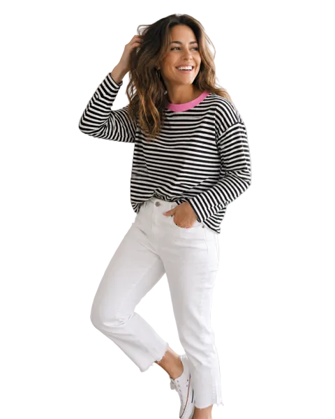 Loose Fit Black And White Striped Tee Tops Joops and Gypsy S(8)
