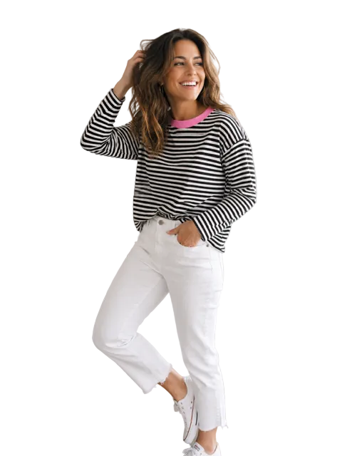 Loose Fit Black And White Striped Tee Tops Joops and Gypsy S(8)