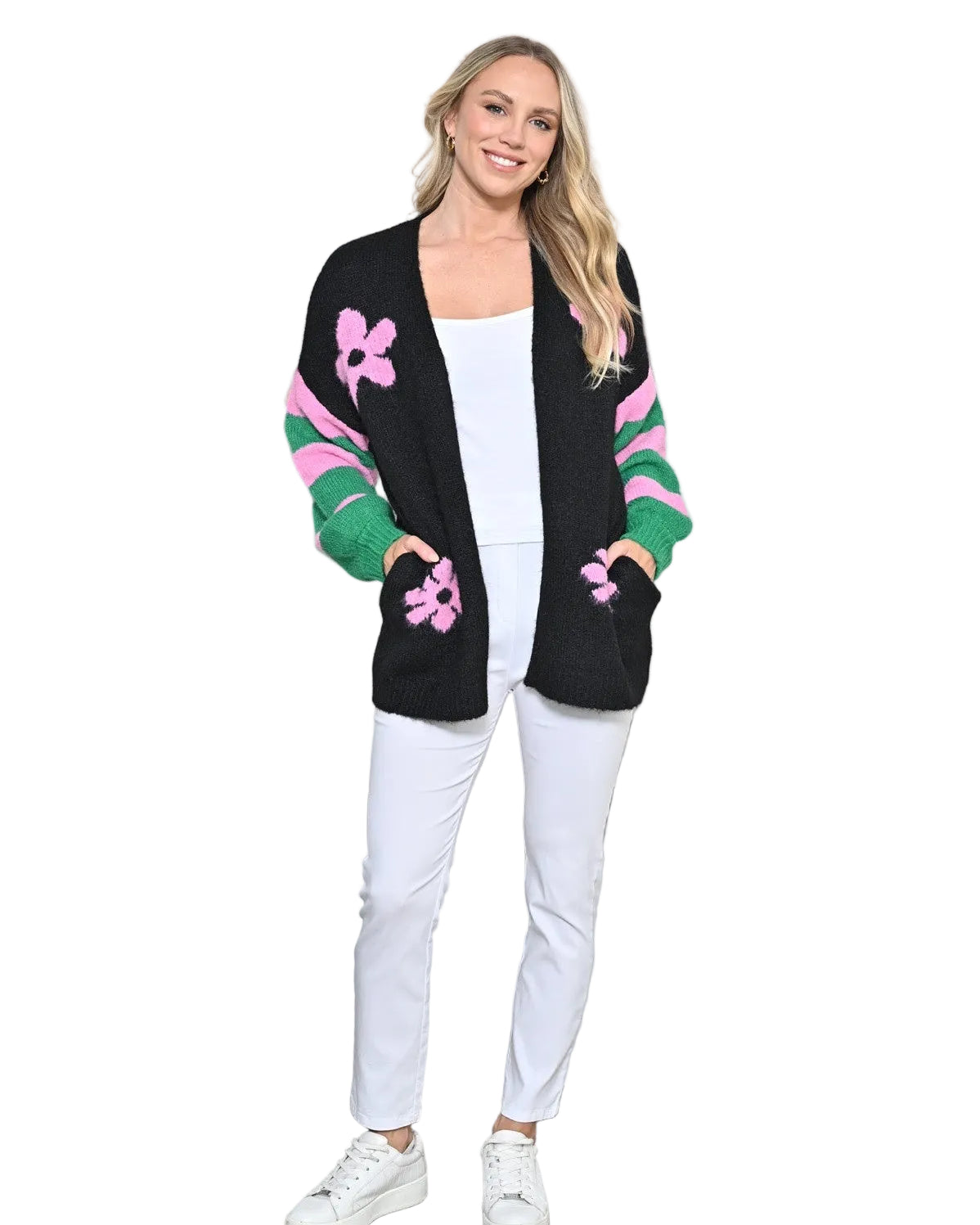 Relaxed Fit Cardigan with Flower and Stripes Tops New u Collection S/M(6-10)