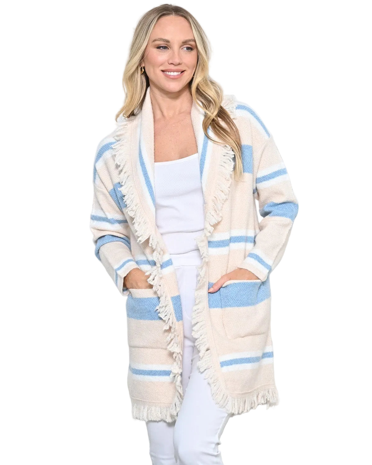 Striped Faux Frayed Cardigan Tops New u Collection S/M(6-10)