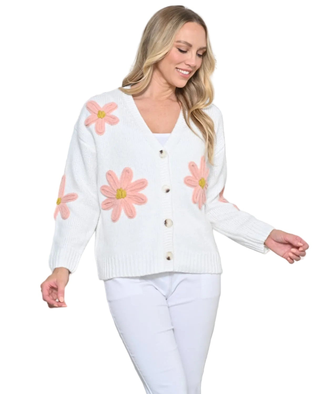 White Cardigan With Pink Flowers Tops New u Collection S/M(6-10)