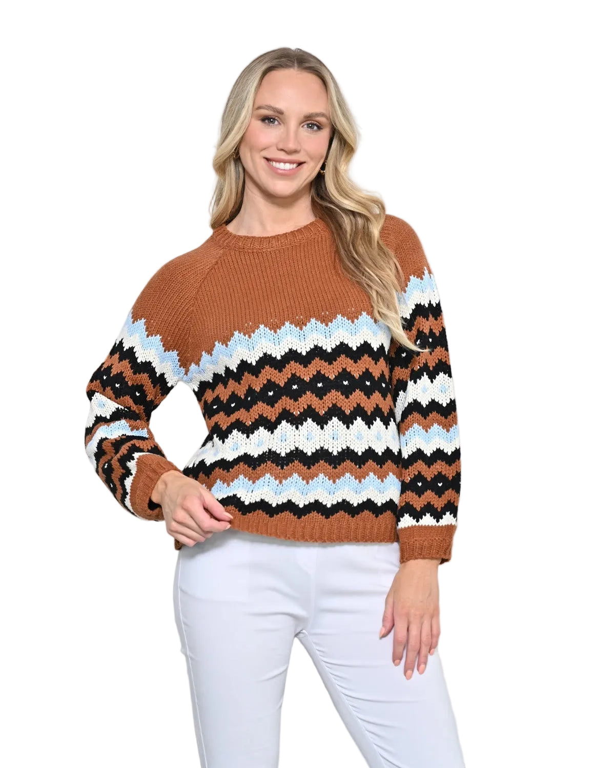 Brown Knit With Zigzag Pattern Tops New u Collection S/M(6-10)