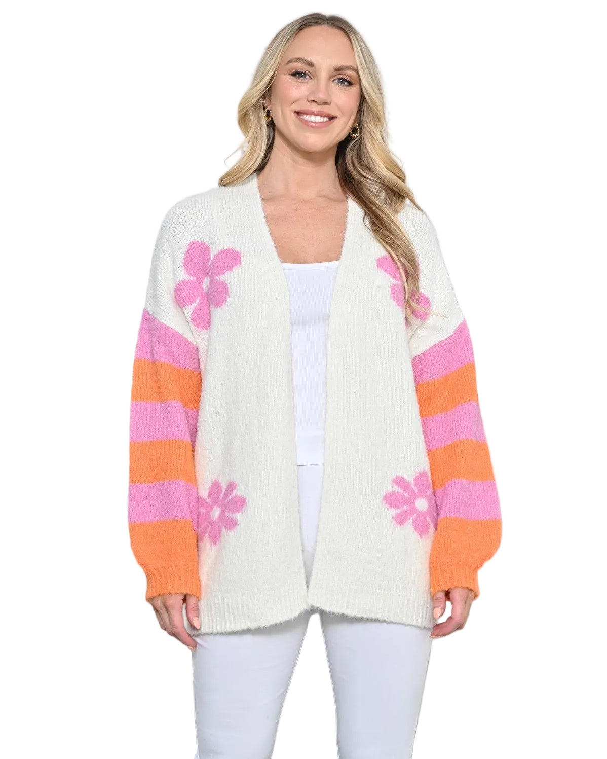 White Cardigan With Striped Sleves And Flowers Tops New u Collection S/M(6-10)