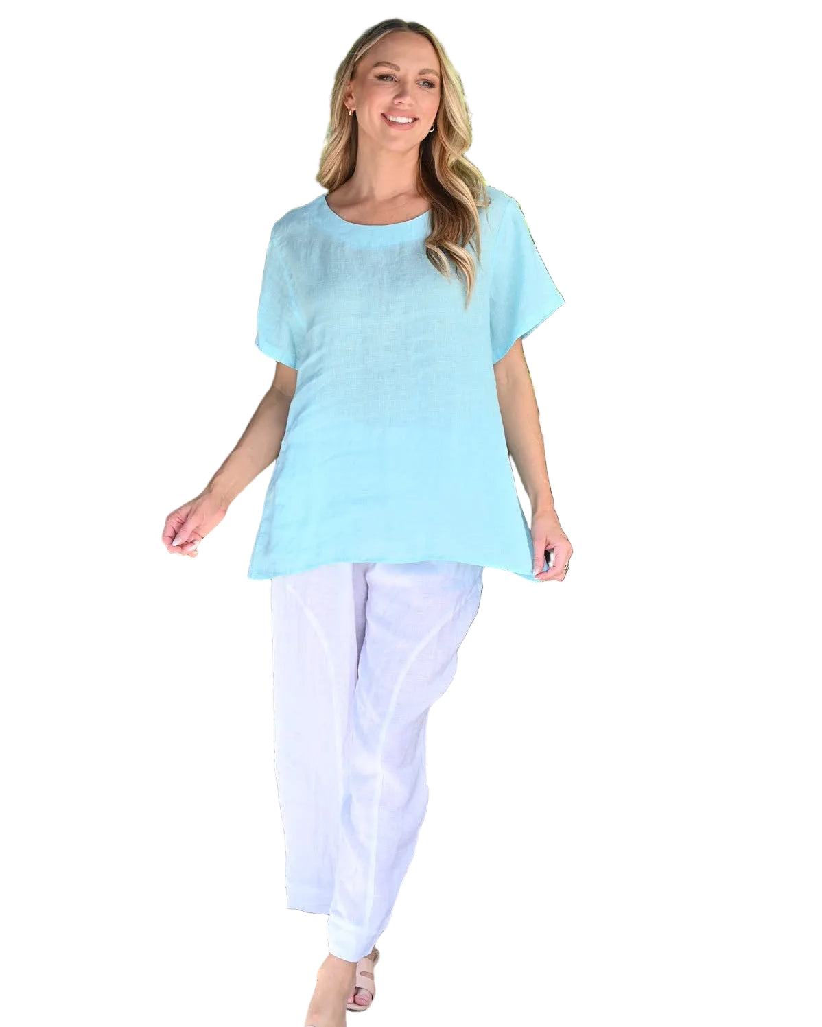 R-neck Plain Linen Top Aqua Tops Cali & Co S/M