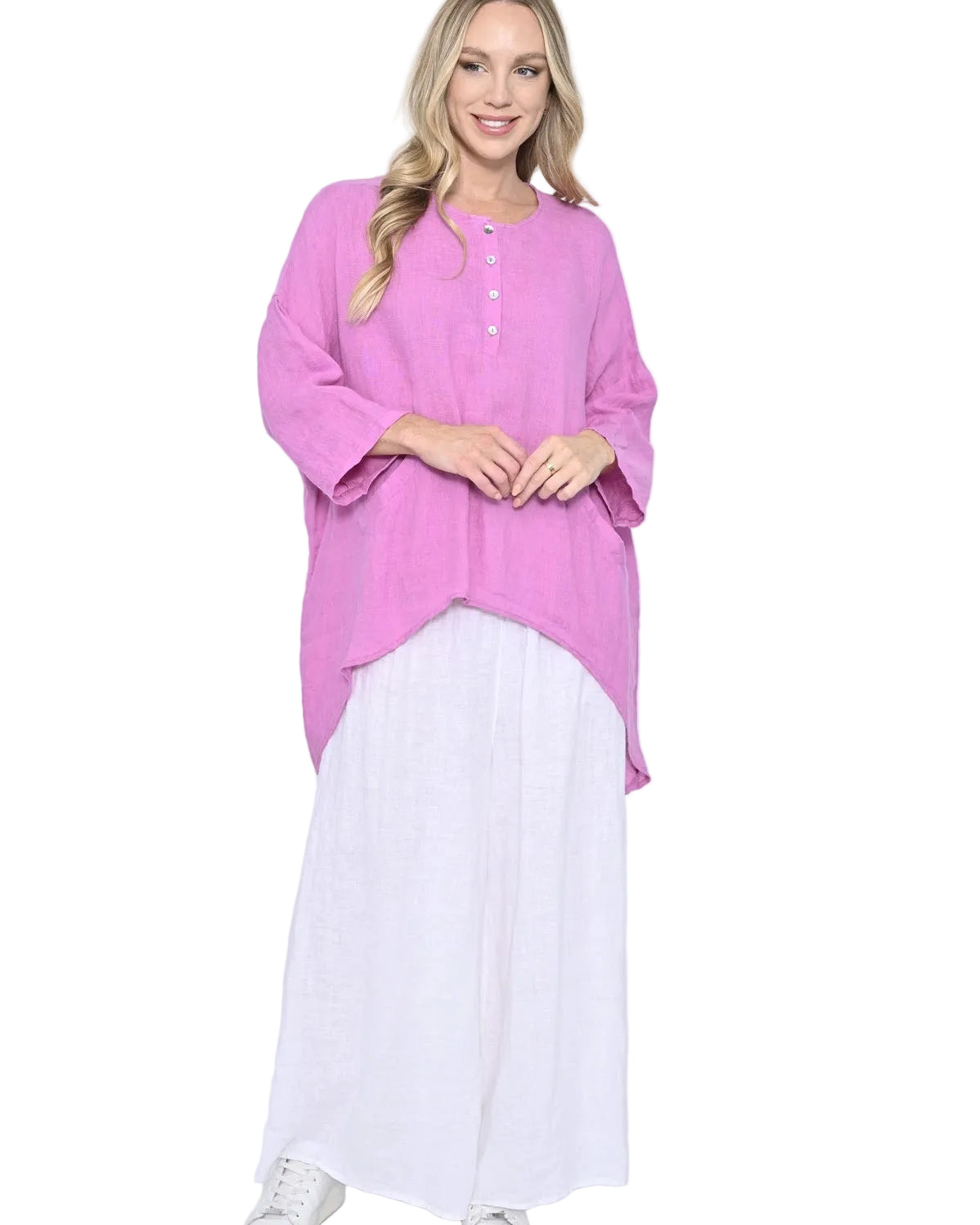 Front Button Long SL Hi Lo Linen Tunic Pink Tops Cali & Co S/M