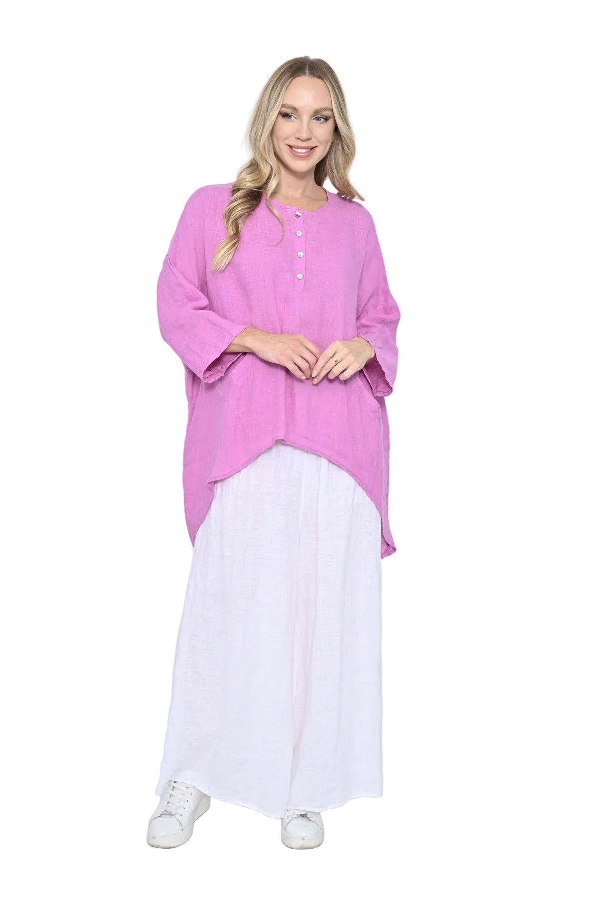 Front Button Long SL Hi Lo Linen Tunic Pink Tops Cali & Co S/M