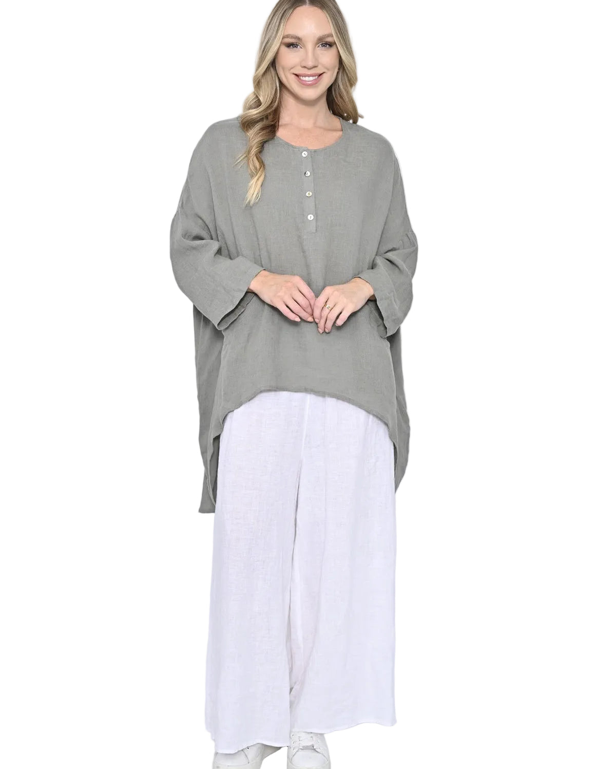 Front Button Long SL Hi Lo Linen Tunic Khaki Tops Cali & Co S/M