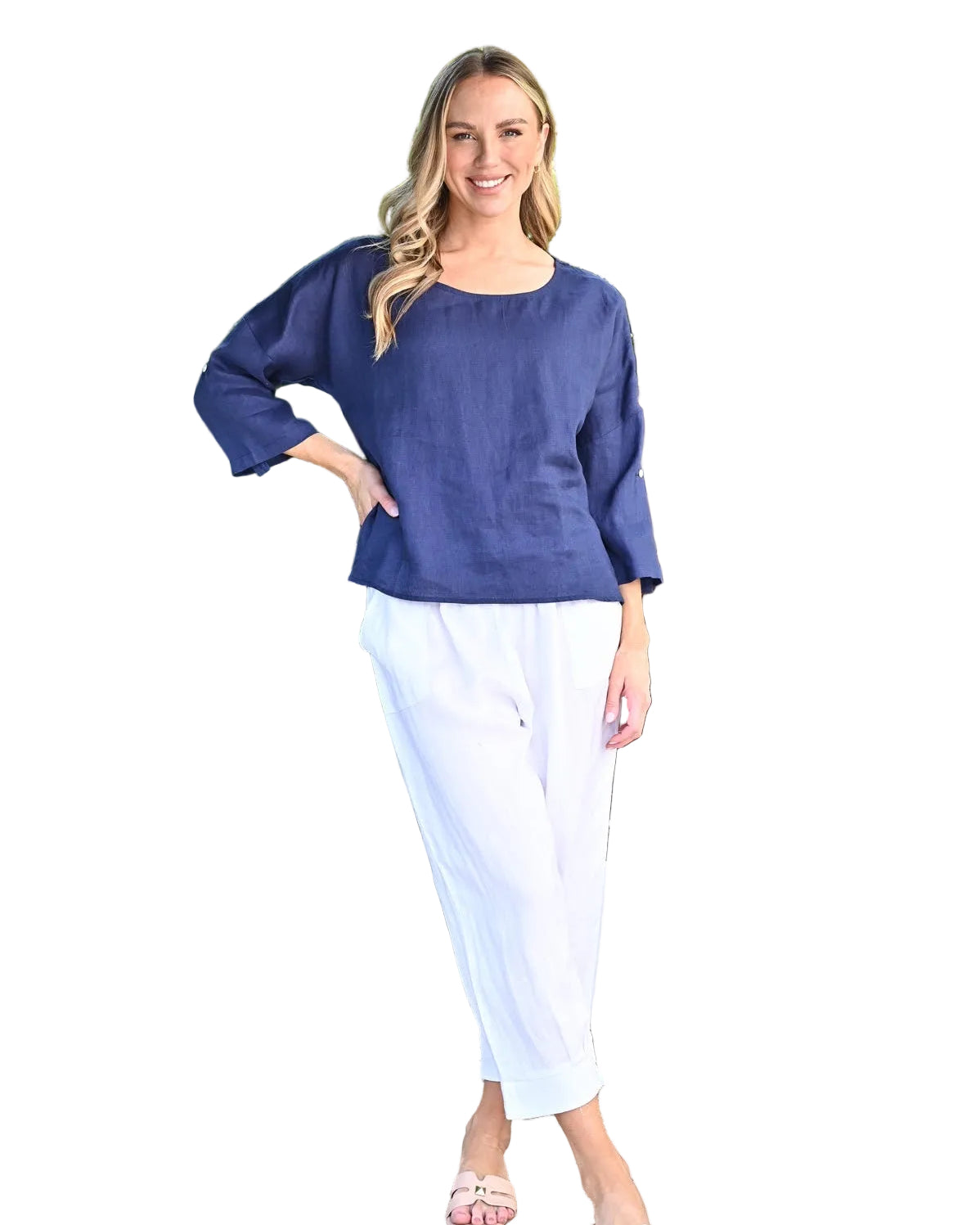 Long SL Loose Fit Linen Top Tops Cali & Co S/M(6-10)