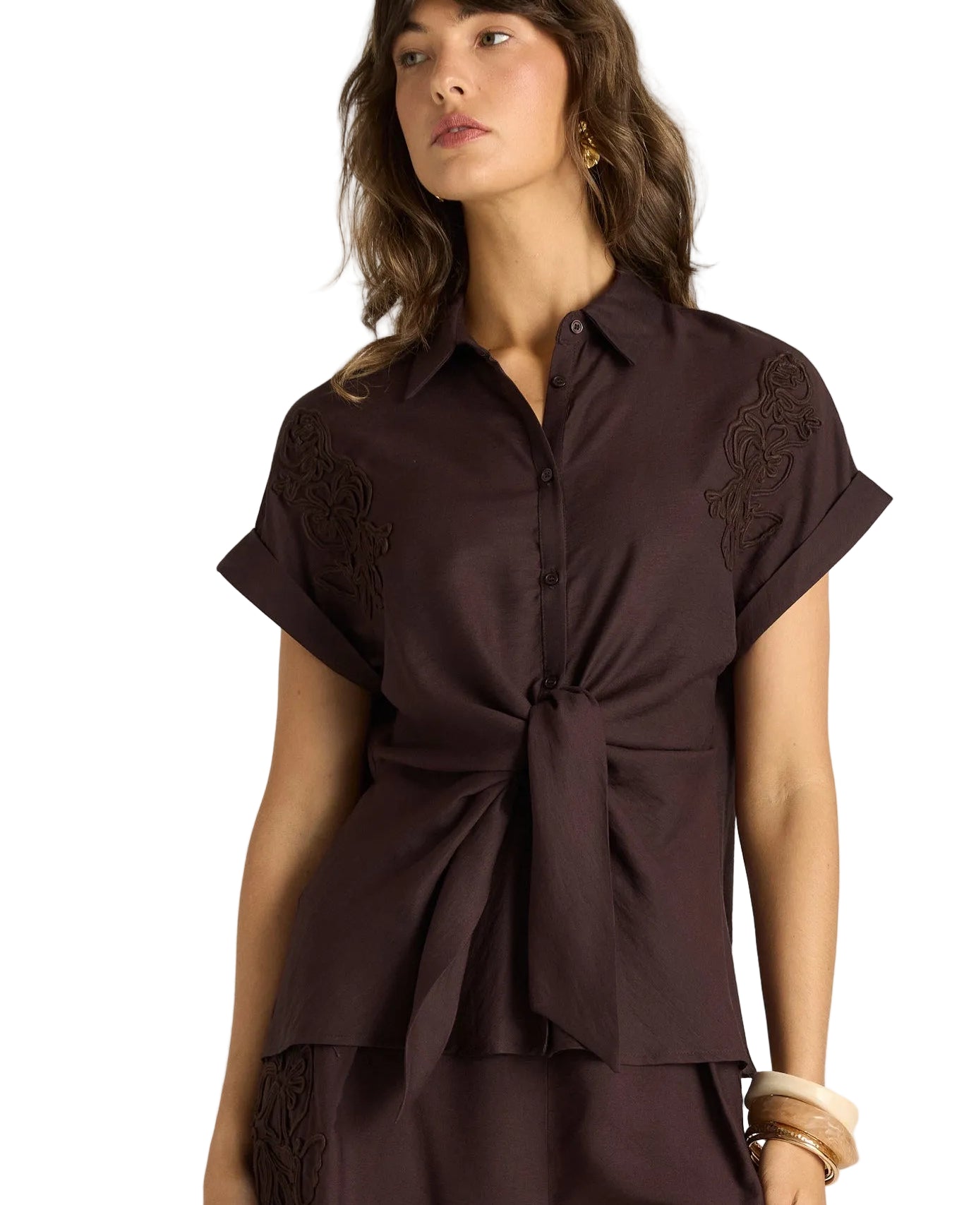 Bronte Embroidered Tie Shirt Chocolate Tops Fate+Becker S(8)
