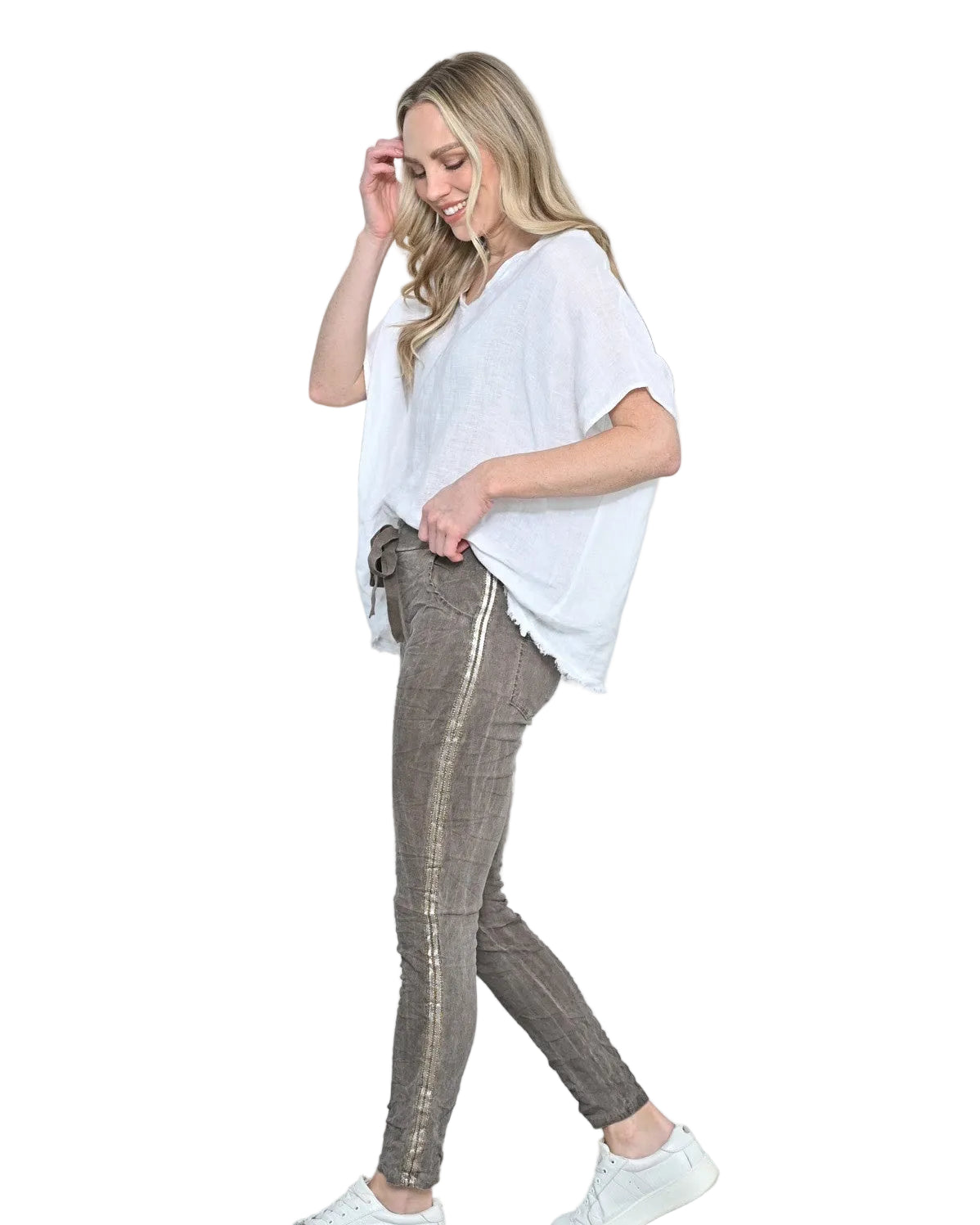 Side Trim Stretchy Crinkle Plain Pant Brown Bottoms Cali & Co S