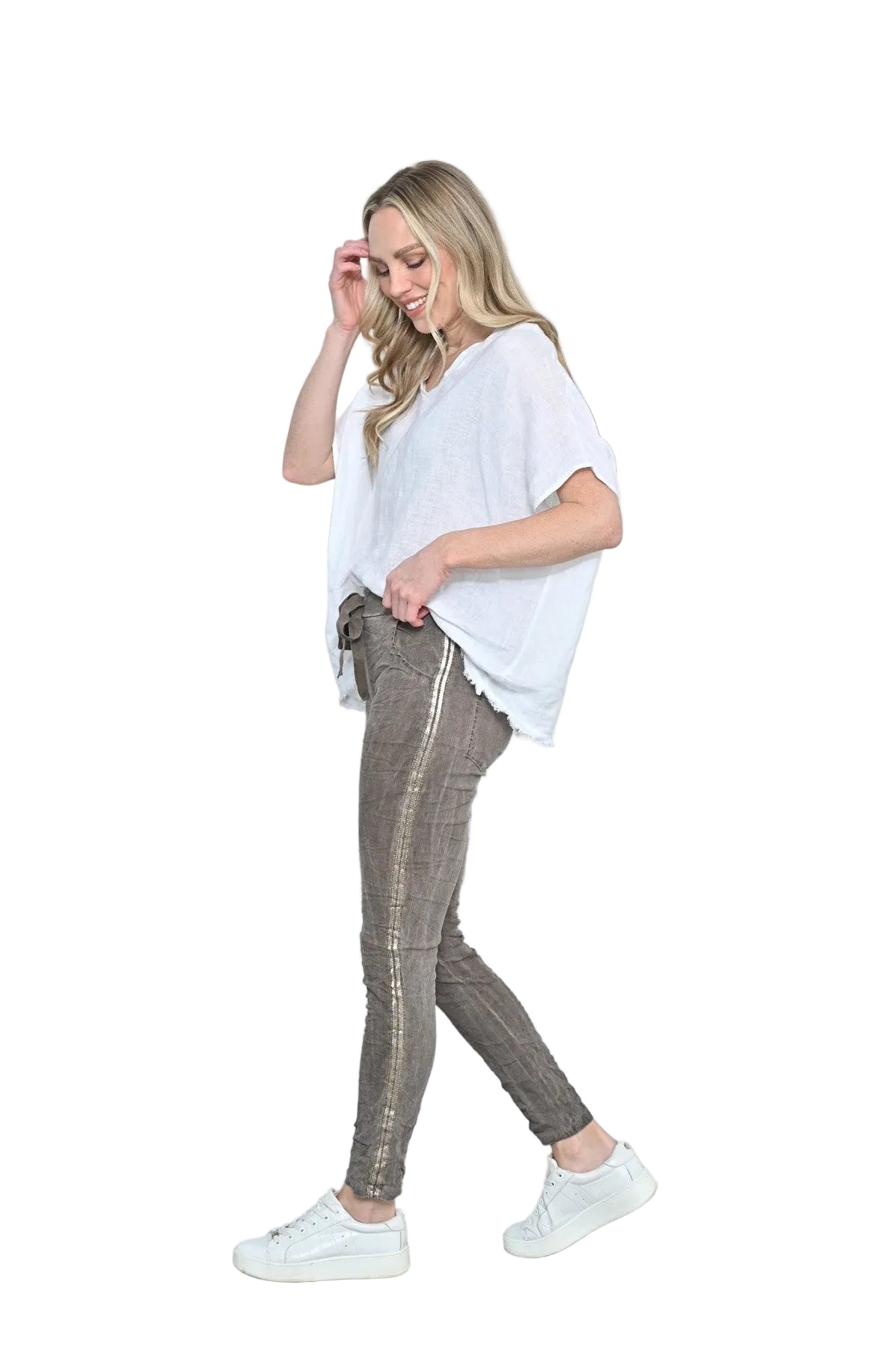 Side Trim Stretchy Crinkle Plain Pant Brown Bottoms Cali & Co S