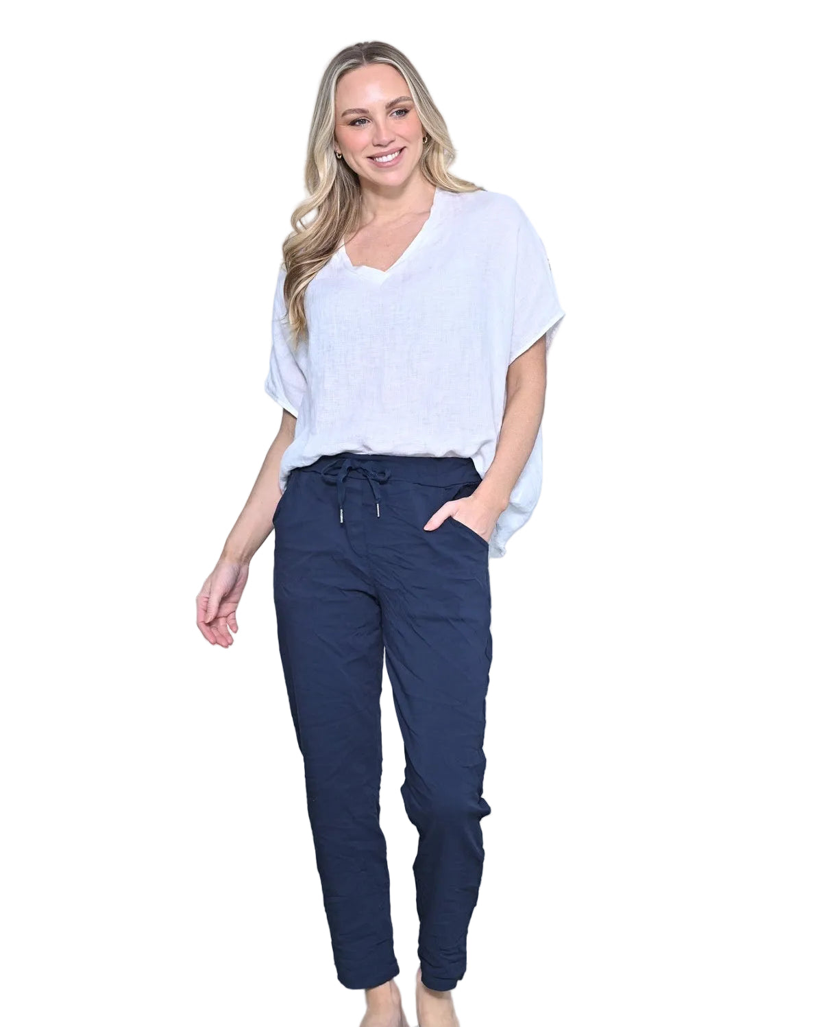 Stretchy Plain Crinkle Pant Navy Bottoms Cali & Co S