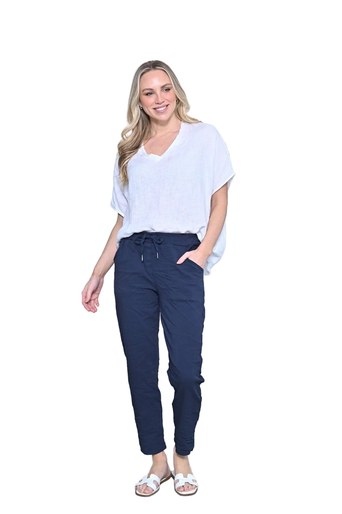 Stretchy Plain Crinkle Pant Navy Bottoms Cali & Co S