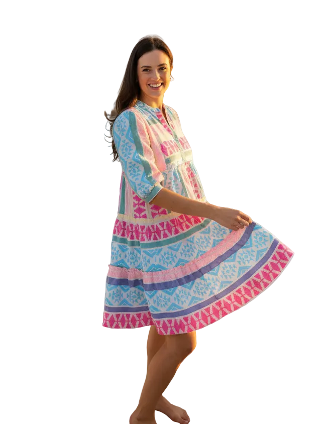 Mediterranean Dress Jacquard Teal Pink Dresses Joops and Gypsy S(8)