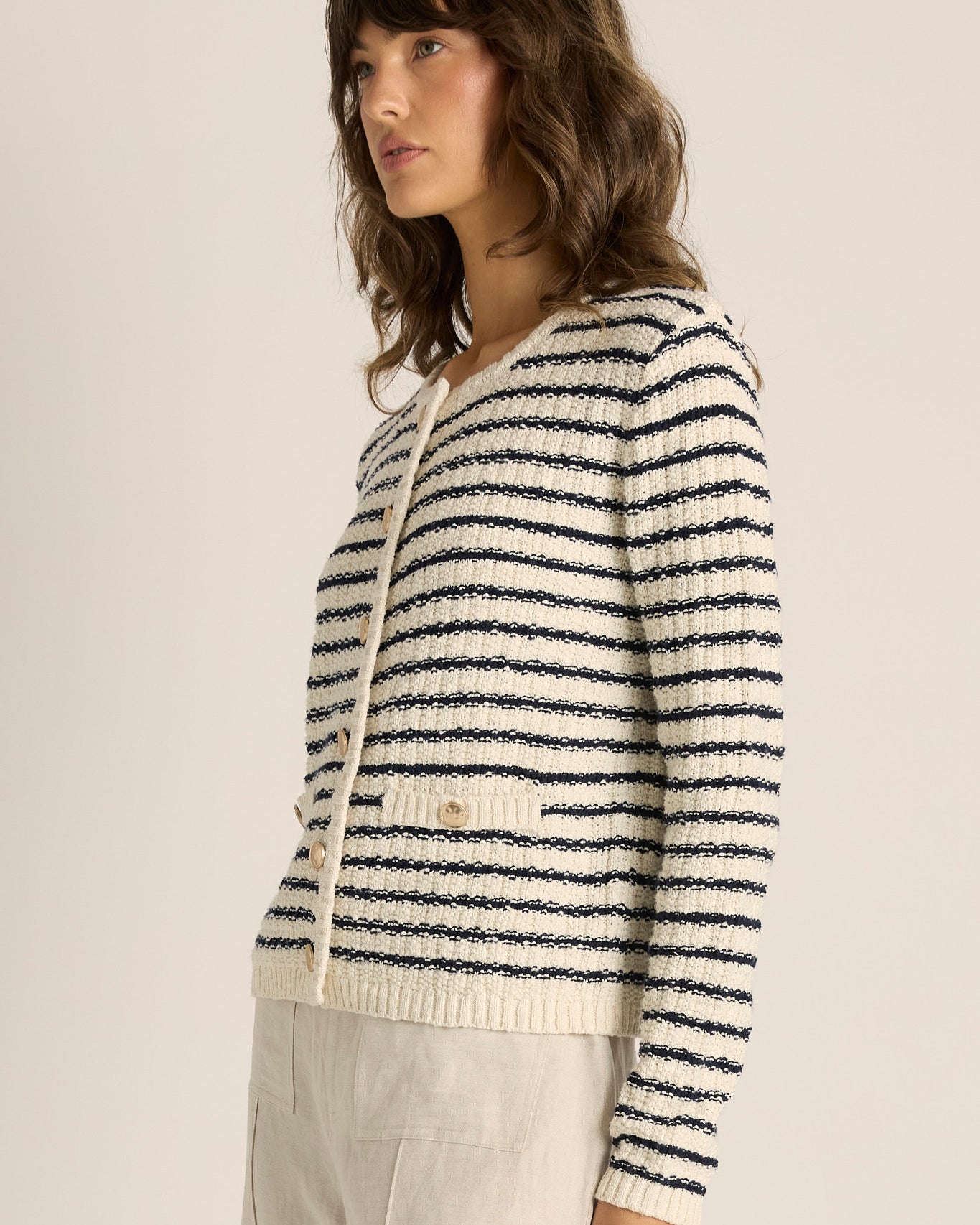 Elle Stripe Knit Cardigan Navy/Cream Tops Fate+Becker