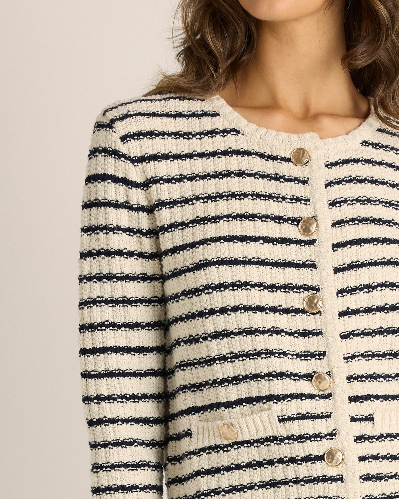 Elle Stripe Knit Cardigan Navy/Cream Tops Fate+Becker