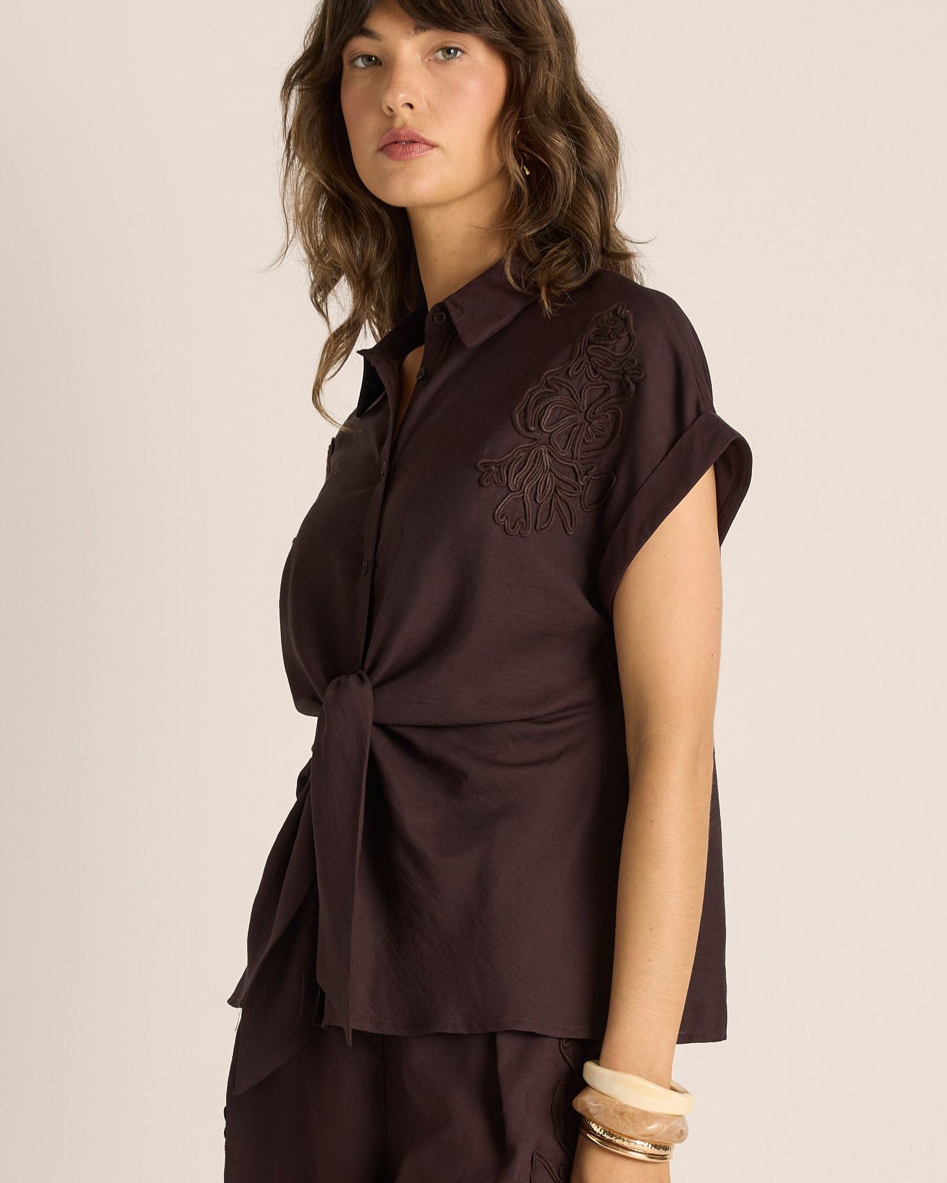 Bronte Embroidered Tie Shirt Chocolate Tops Fate+Becker