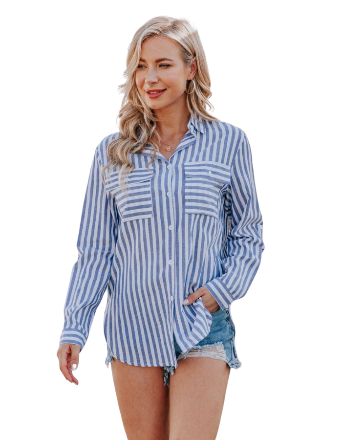 Cotton Striped Roll-Up Sleeve Shirt Denim Blue - Global Free Style