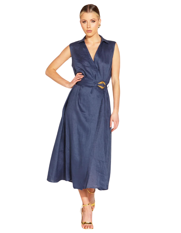 A Walk In The Park Linen Sleeveless Faux Wrap Midi Dress Navy - Global Free Style