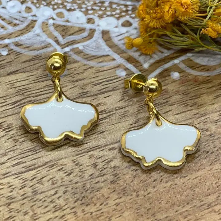 Ginkgo Porcelain Earrings with Gold Earrings Wolf and Clay