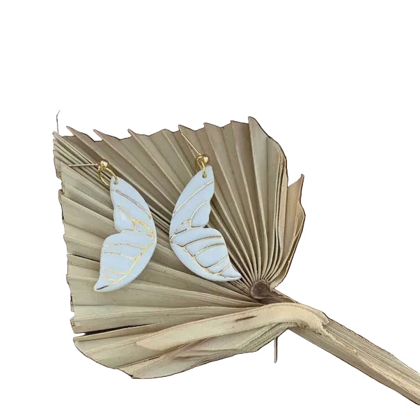 Butterfly Wings Porcelain Earrings with Gold Finish White Earrings Wolf and Clay