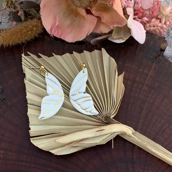 Butterfly Wings Porcelain Earrings with Gold Finish White Earrings Wolf and Clay