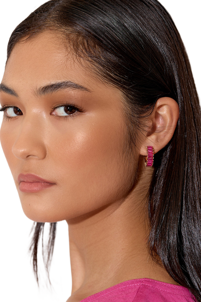 Baguette Jewel Mini Hoops Hot Pink/Gold Earrings Adorne   