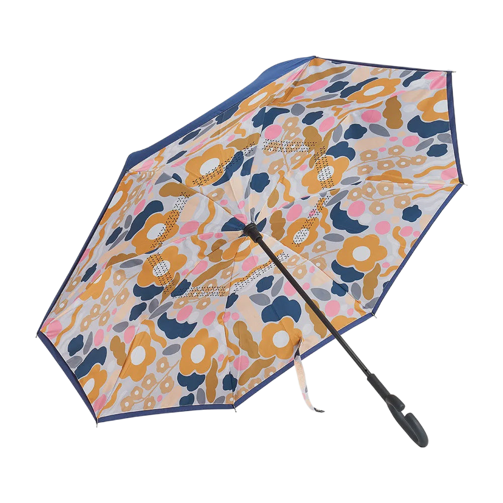 REVERSE UMBRELLA - FLORAL PUZZLE MUSTARD JH Umbrellas Annabel Trends   