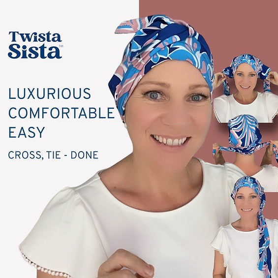 Twista Sista Pre-Sewn Turban Range Botanical Lines on Blue Linen Viscose Hair Twista Sister
