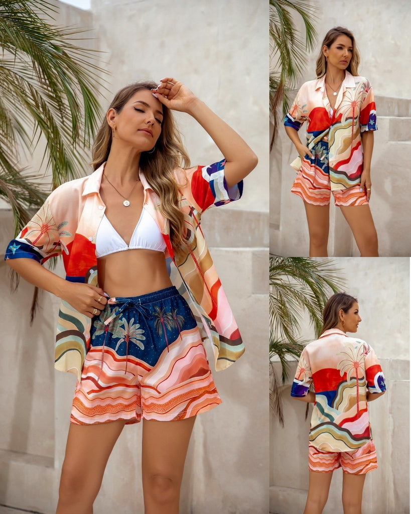 Tropical Print Button-up Shirt & Lined Shorts Sets Mutig